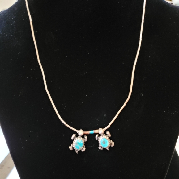 Two Turquoise Turtles Southwest Silver Bead Necklace Boho - Picture 3 of 11